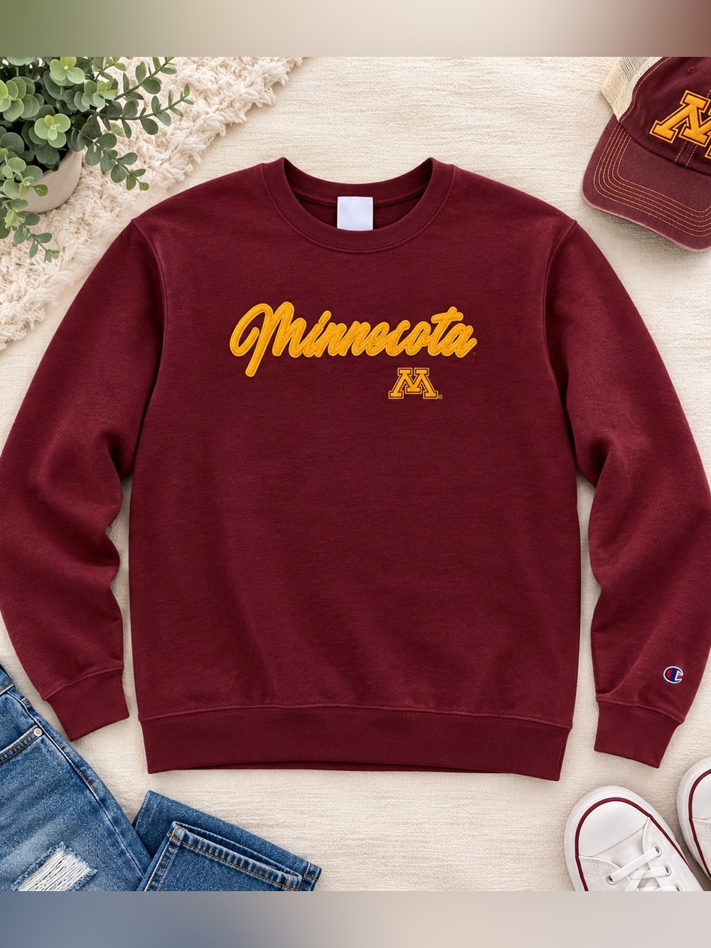 Champion Maroon Crewneck with Gold Minnesota Script MN Gophers